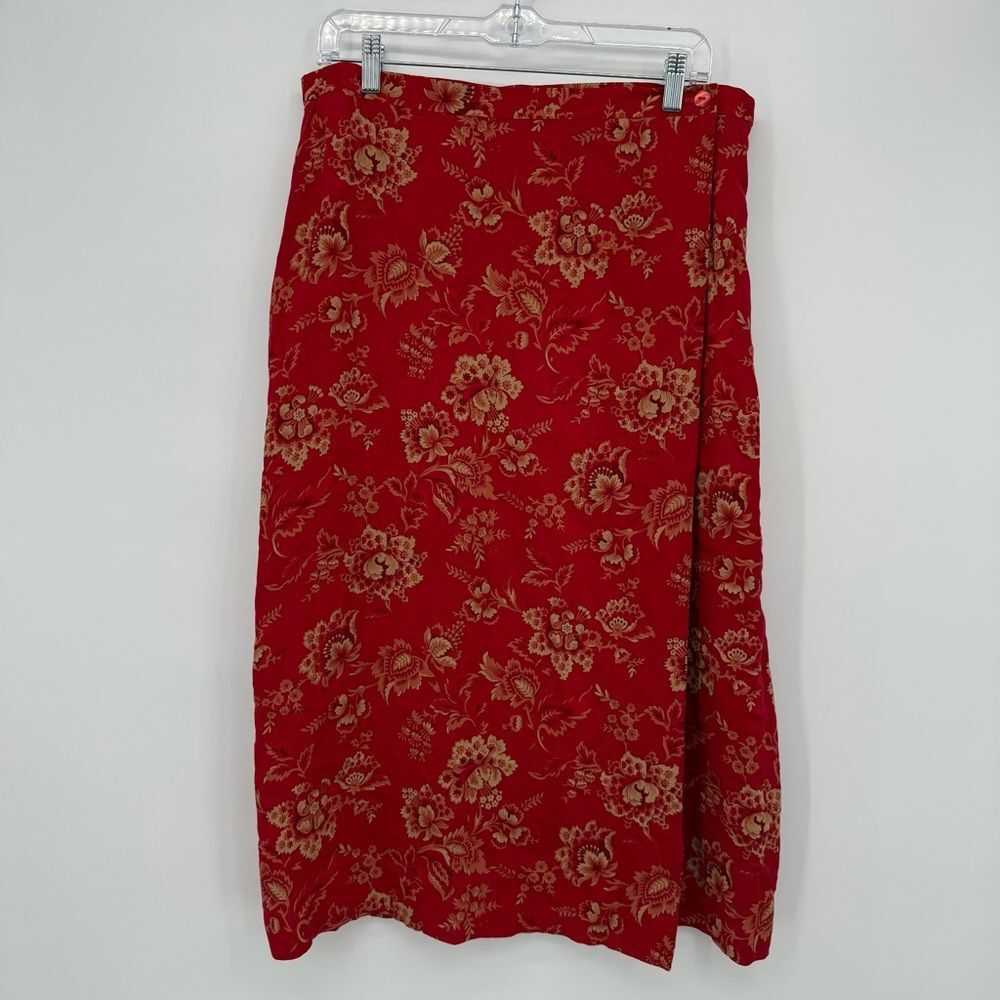Coldwater Creek Red Floral Tan Wrap Skirt Size Petite Large Rayon Boho Y2k